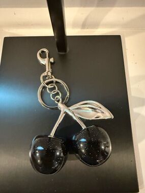 Silver Cherry Keychain with Black Glitter Cherries